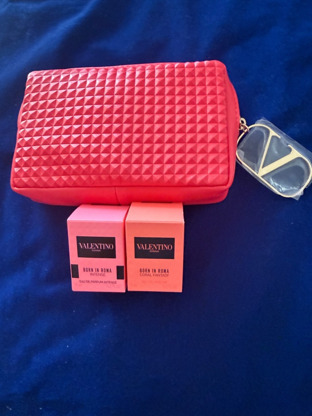 Valentino Coral Quilted Cosmetic Pouch with Logo Charm